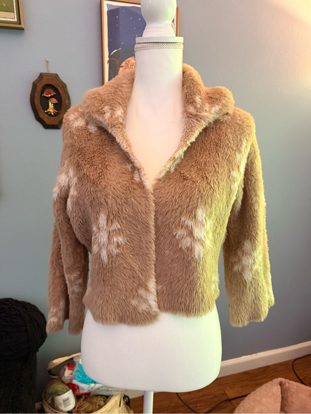 Volcom Women's Cropped Teddy Jacket in Light Brown with Cream Accents